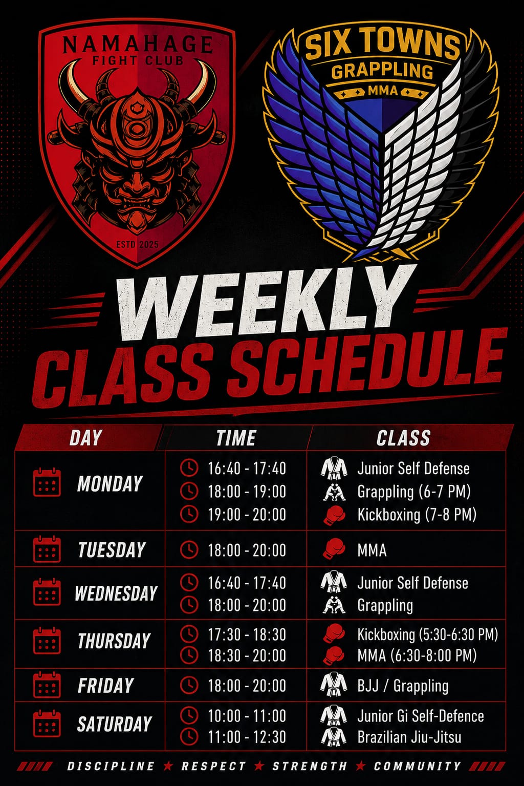 Printed weekly class schedule poster for Namahage Fight Club and Six Towns Grappling