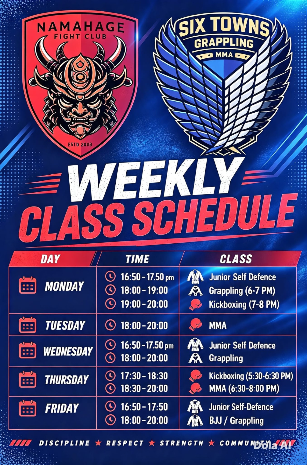Printed weekly class schedule poster for Namahage Fight Club and Six Towns Grappling