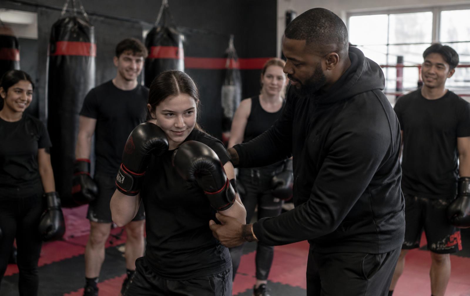 A martial arts coach helping a young person build confidence in training